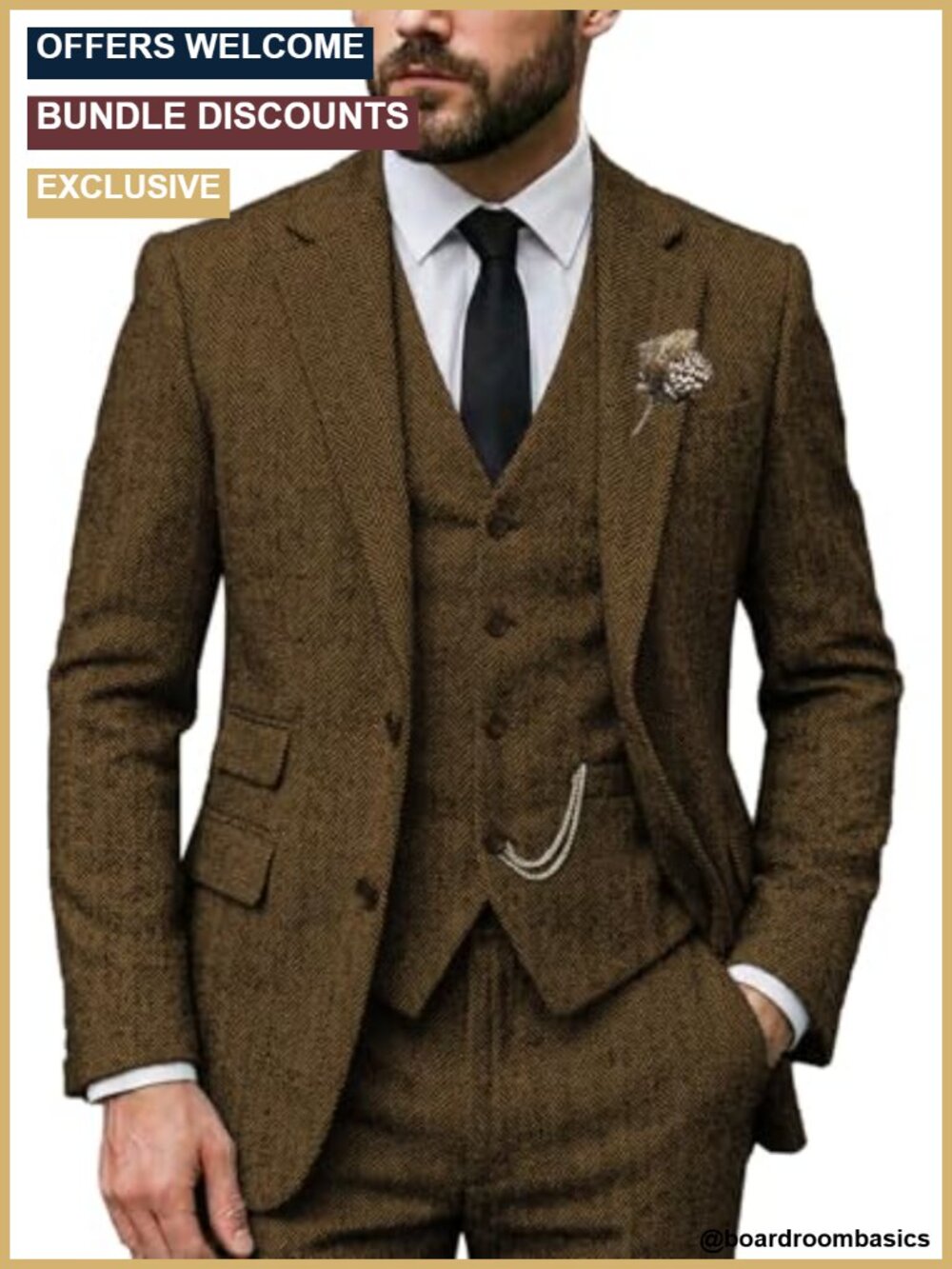 Mens 3 Piece Tweed Herringbone Wool Suit Regular Fit Wedding Groom